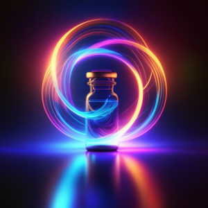 A small glass bottle with a sealed cap is illuminated against a dark background. Surrounding the bottle are vibrant, swirling light trails in hues of blue, pink, and orange, creating a dynamic and mesmerizing effect. The bottle contains a blue liquid, reflecting the colourful lights around it. The overall scene has a futuristic and magical aesthetic