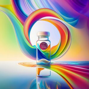 A small glass bottle with a white cap is set against a background of flowing, vibrant colours. The colours, including shades of blue, green, yellow, red, and purple, swirl around the bottle in dynamic, wave-like patterns. The liquid inside the bottle mirrors these colours, creating a harmonious blend. The scene has a bright, artistic, and ethereal feel, with the bottle and its reflection prominently displayed in the foreground